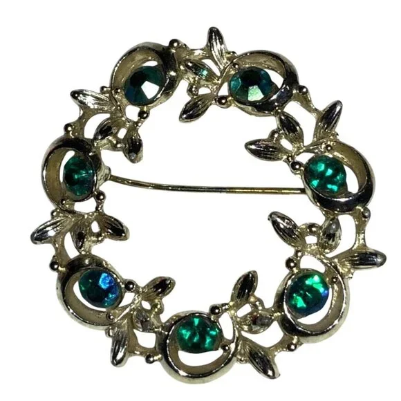 Vintage BSK Round Silver-Toned Brooch With Green Blue Rhinestones - Picture 7 of 13